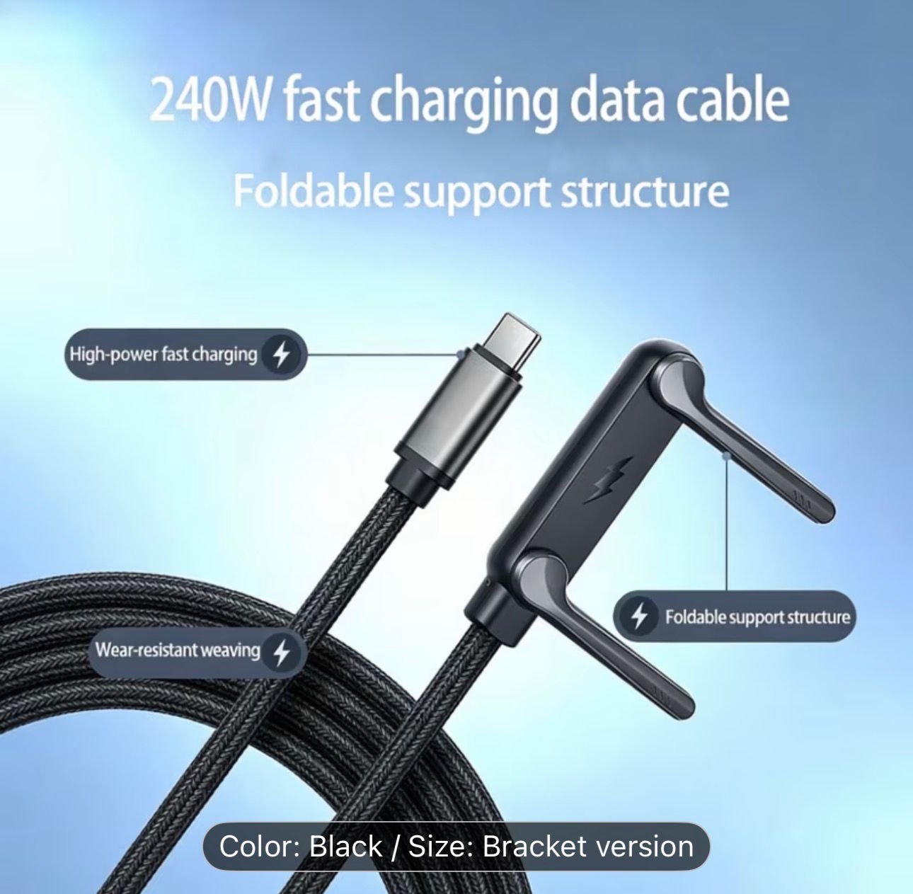 240W Foldable Phone Stand Data Cable | Dual Type-C Super Fast Charging Elbow, Braided Cable, Suitable for Various Phones, USB Data Transmission
